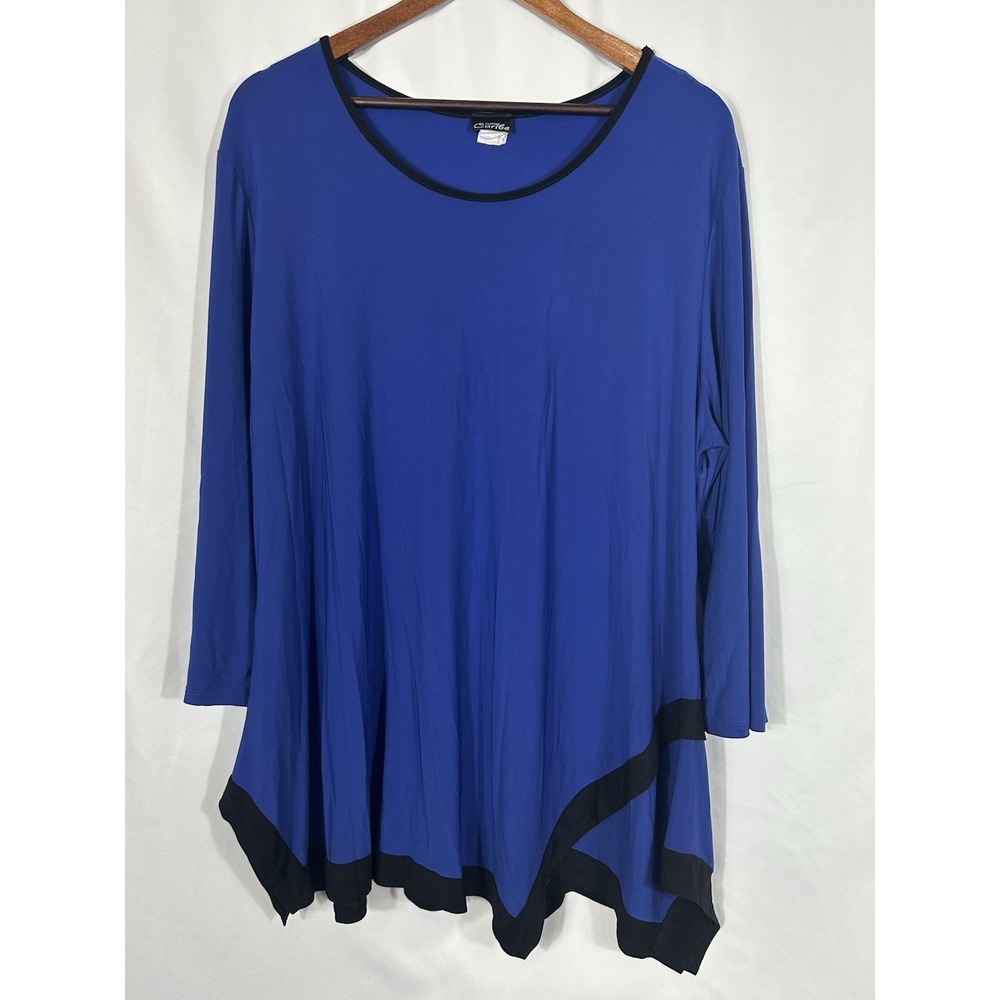 Vintage USA Womens Liquid Knit Tunic Top Size 2X Blue Stretch Asymmetrical Artsy